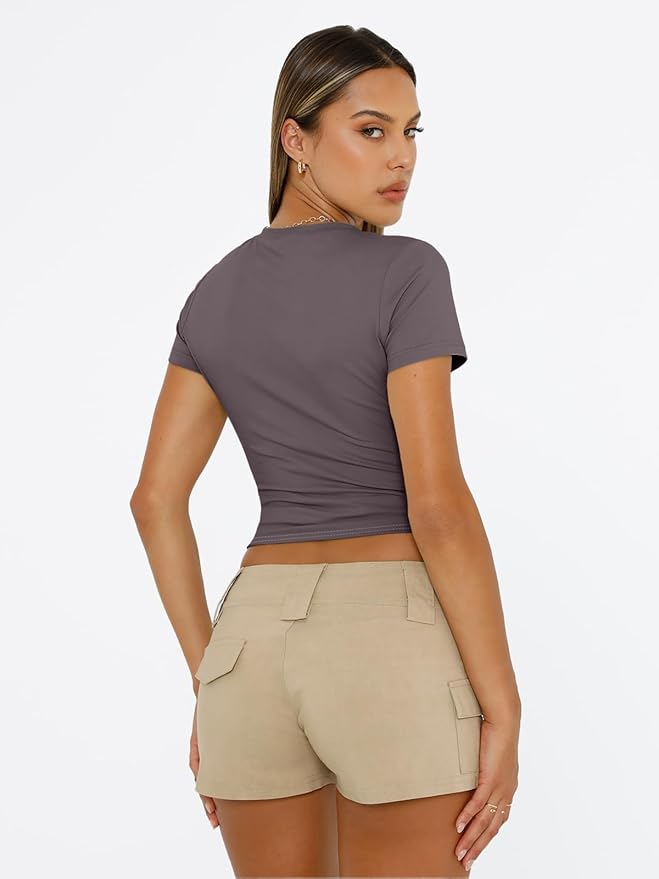 Trendy Queen Womens Short Sleeve T Shirts - Buttery Soft Summer Crop Tops Slim Fit Y2k Basic Tees for Workout