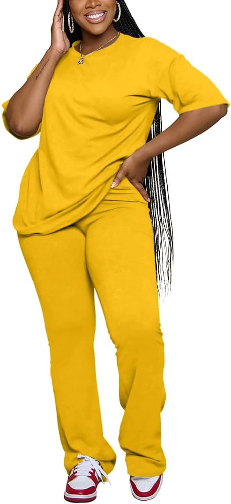 PINSV Women 2 Piece Outfits Short Sleeve Top and Flare Pants Lounge Sets Tracksuit