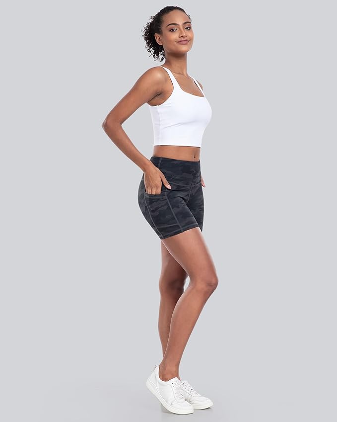 CHRLEISURE Womens Biker Yoga Shorts with Pocket, High Waisted Tummy Control 5 Inch Workout Spandex Athletic Gym Shorts