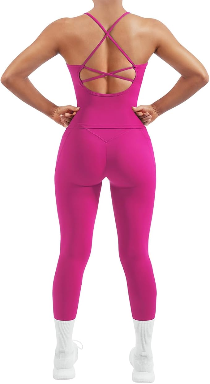 SUUKSESS Women 2 Piece Workout Sets Padded Tank Tops Tummy Control Leggings Gym Outfits