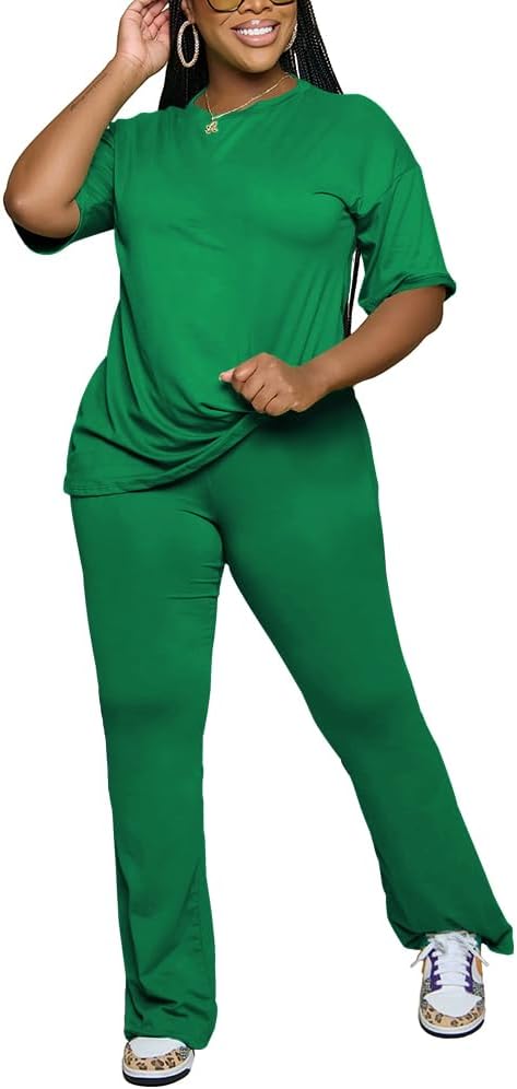 PINSV Women 2 Piece Outfits Short Sleeve Top and Flare Pants Lounge Sets Tracksuit