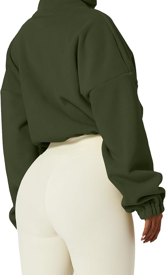QINSEN Women's Full Zip Fleece Short Jacket Warm Winter Long Sleeve Stand Collar Sherpa Crop Coat