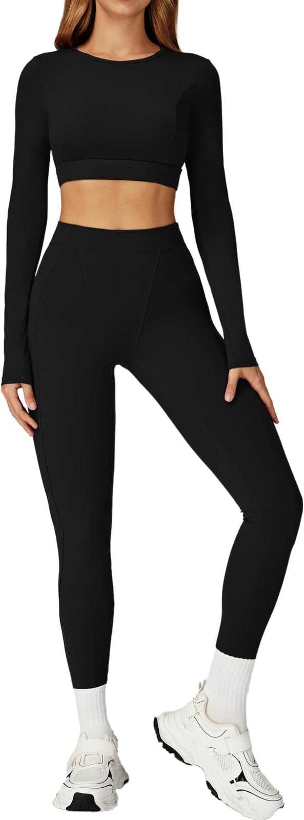 Women’s 2 Piece Workout Set Long Sleeve Crop Top & High Waist Leggings | Stretch Activewear for Gym & Yoga