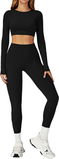 Women’s 2 Piece Workout Set Long Sleeve Crop Top & High Waist Leggings | Stretch Activewear for Gym & Yoga