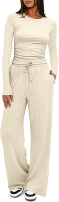 Darong Women's 2 Piece Outfits Lounge Sets 2026 Long Sleeve Tops Wide Leg Pants Casual Matching Set