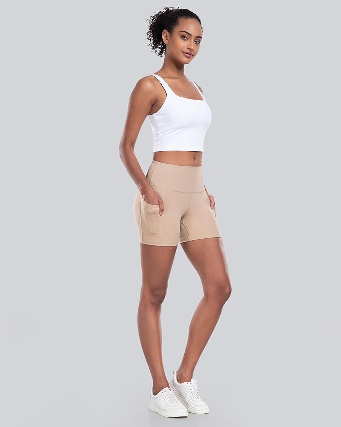CHRLEISURE Womens Biker Yoga Shorts with Pocket, High Waisted Tummy Control 5 Inch Workout Spandex Athletic Gym Shorts