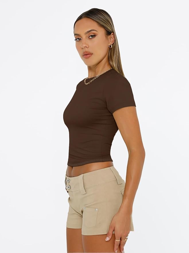 Trendy Queen Womens Short Sleeve T Shirts - Buttery Soft Summer Crop Tops Slim Fit Y2k Basic Tees for Workout