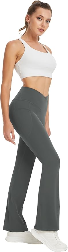 DLOODA Women's Yoga Pants with Pockets No Front Seam Crossover High Waisted Flare Leggings Tummy Control Bootcut Pants