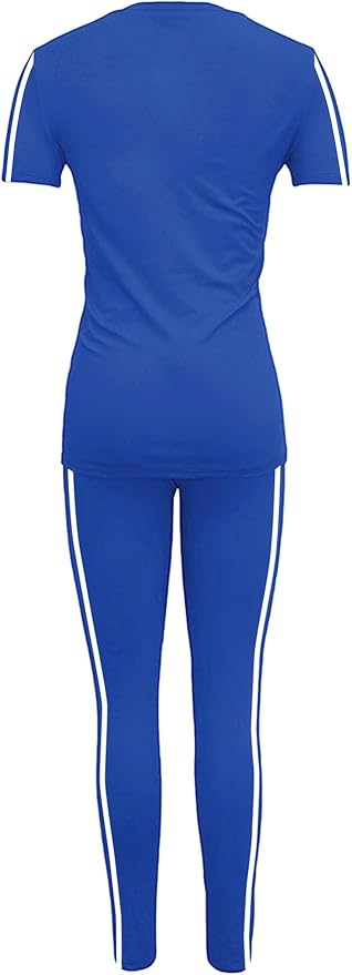 Women's 2 Piece Outfits Sweatsuit Summer Workout Striped Short Sleeve Long Sweatpants Casual Jogging Lounge Set