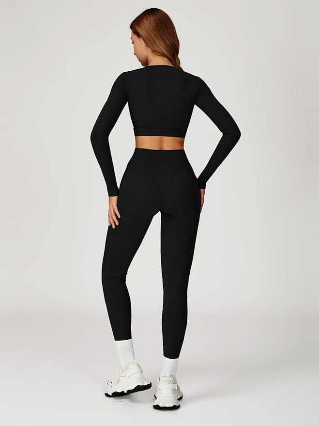 Women’s 2 Piece Workout Set Long Sleeve Crop Top & High Waist Leggings | Stretch Activewear for Gym & Yoga