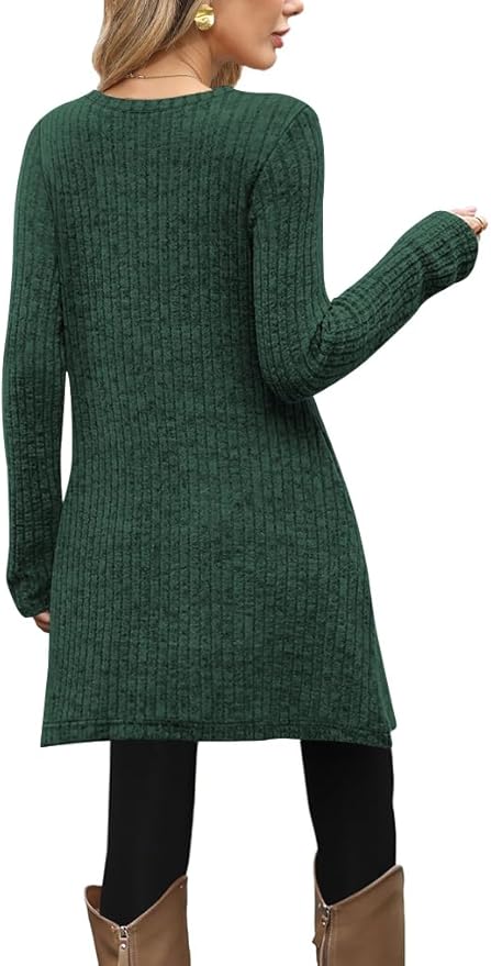 Poetsky Women Long Sleeve Tunic Tops to Wear with Leggings Side Buttons Long Shirts Rib Sweater Dress with Pockets S-3XL