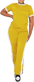 PINSV Women's 2 Piece Outfits Short Sleeve Tops Sweatpants Colorblock Bodycon Lounge Sets Tracksuit