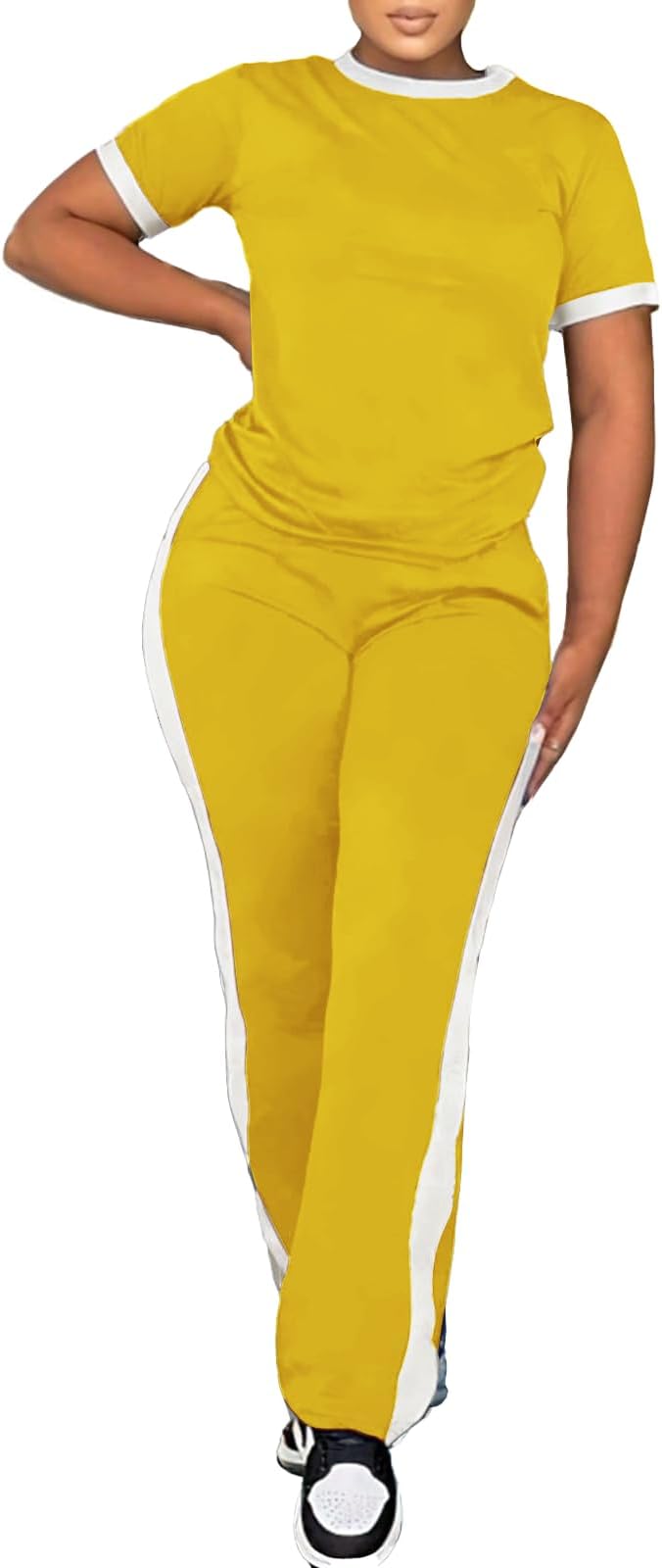 PINSV Women's 2 Piece Outfits Short Sleeve Tops Sweatpants Colorblock Bodycon Lounge Sets Tracksuit