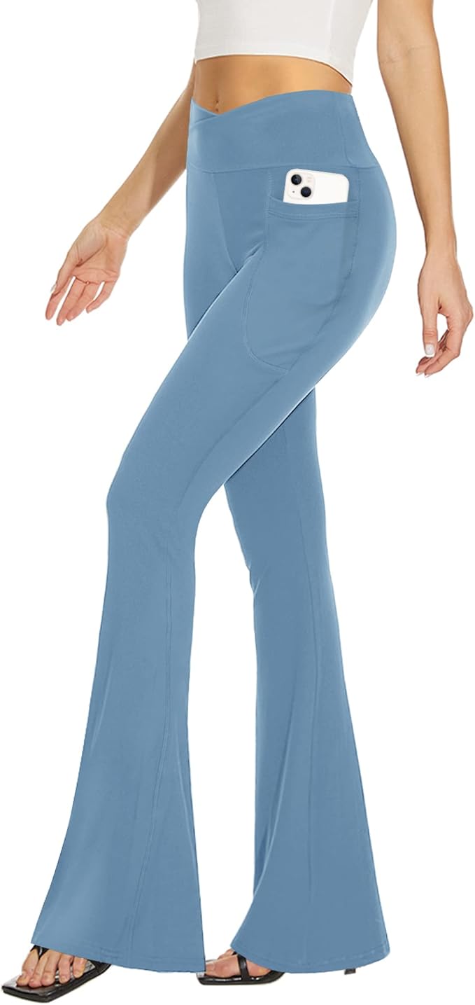 TNNZEET Black Flare Leggings for Women, Crossover Yoga Pants with Pockets Bootcut Flared Leggings