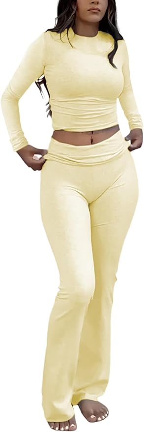 ZFLM Casual Workout Two Piece Outfits Long Sleeve High Waist Fold-Over Flared Leggings Pants Tracksuit Sets Streetwear