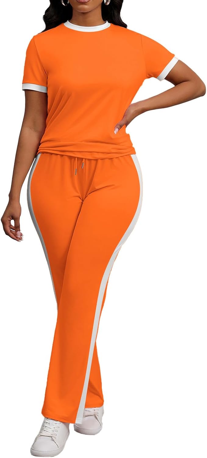 PINSV Women's 2 Piece Outfits Short Sleeve Tops Sweatpants Colorblock Bodycon Lounge Sets Tracksuit