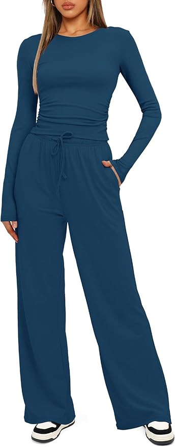 Darong Women's 2 Piece Outfits Lounge Sets 2026 Long Sleeve Tops Wide Leg Pants Casual Matching Set