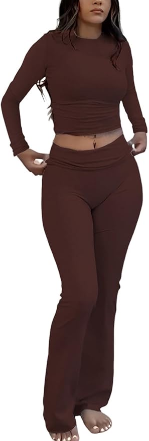 ZFLM Casual Workout Two Piece Outfits Long Sleeve High Waist Fold-Over Flared Leggings Pants Tracksuit Sets Streetwear