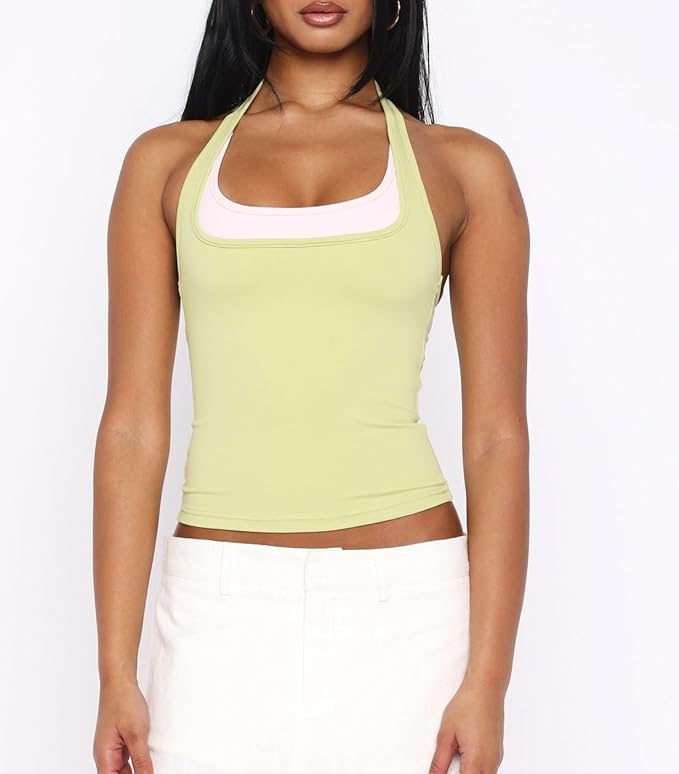 Women Double Layered Tank Tops Spaghetti Strap Yoga Workout Tops Camis Casual Going Out Cropped Top