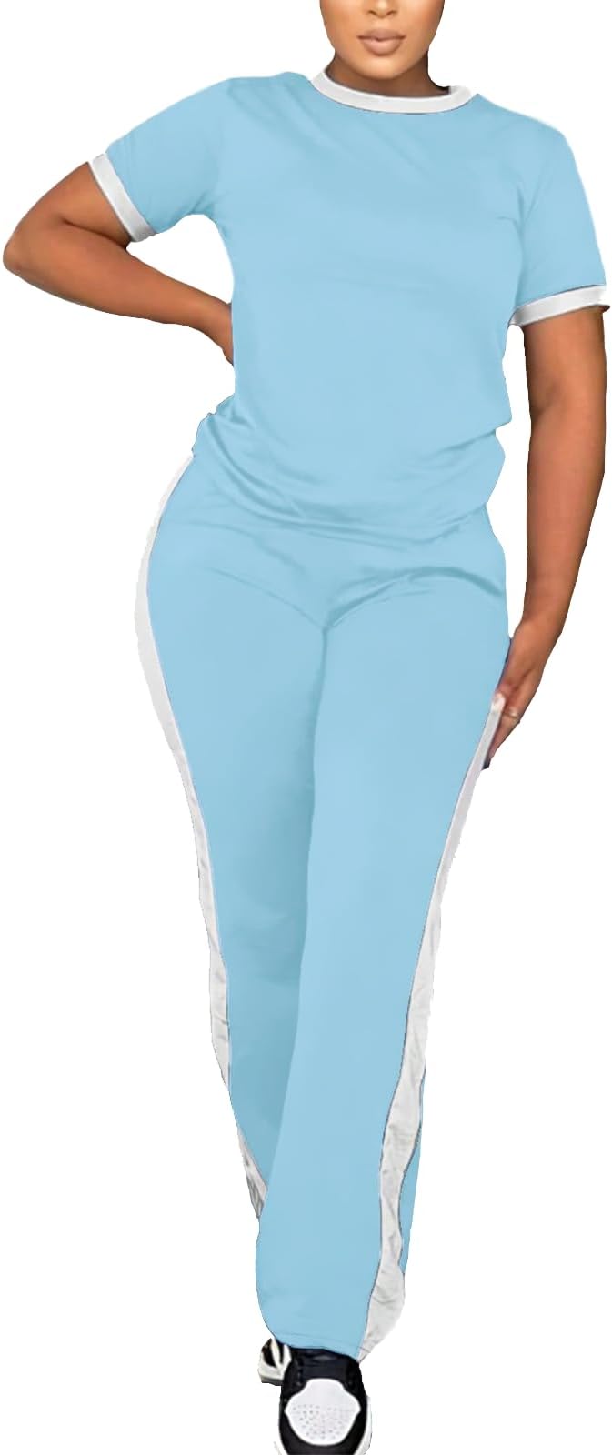 PINSV Women's 2 Piece Outfits Short Sleeve Tops Sweatpants Colorblock Bodycon Lounge Sets Tracksuit
