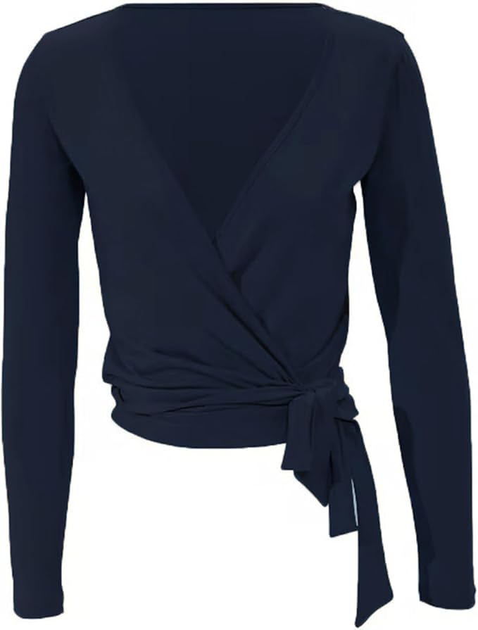 Women Wrap Tie Top Y2k Long SLeeve Ballet Workout Yoga Shirt Coquette Blouses