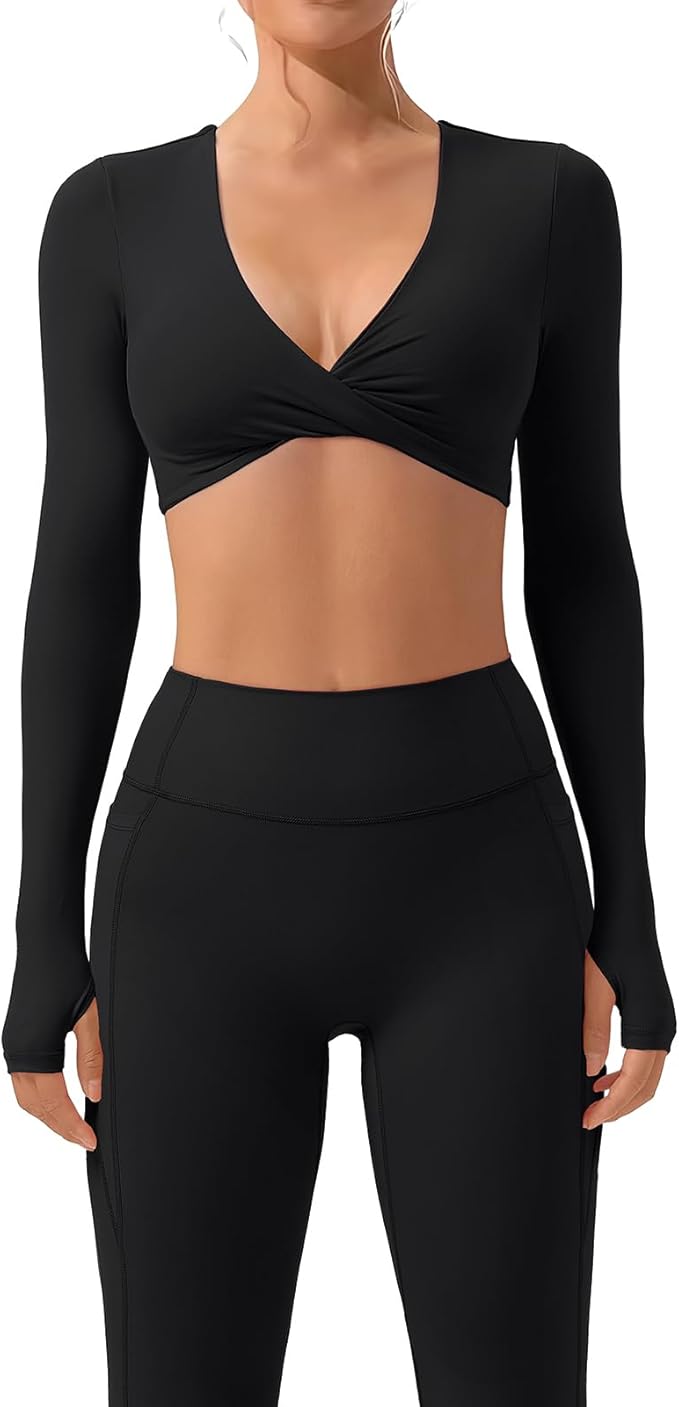 SUUKSESS Women 2 Piece Workout Sets Long Sleeve Twist Deep V Crop Padded Tops Yoga Leggings with Side Pockets