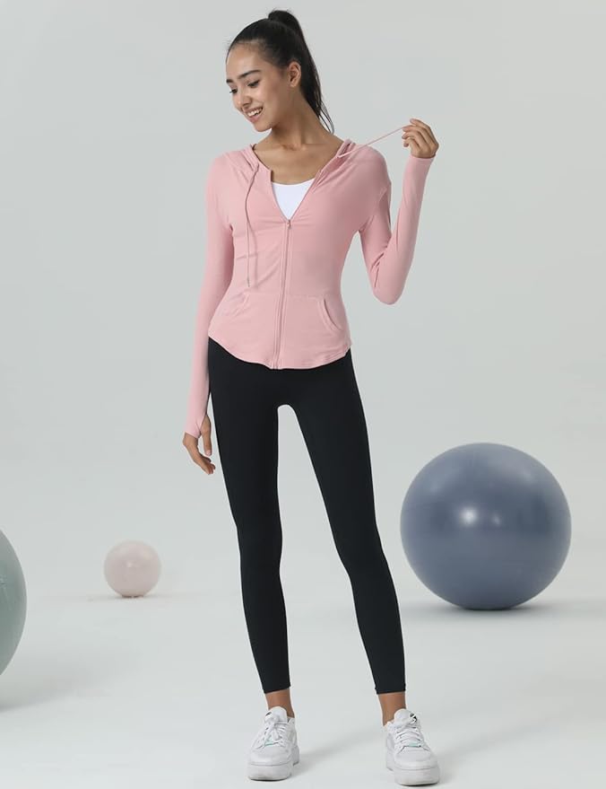 Locachy Womens Slim Fit Full Zip Hoodie Athletic Jacket Yoga Workout Running Jackets with Thumb Holes