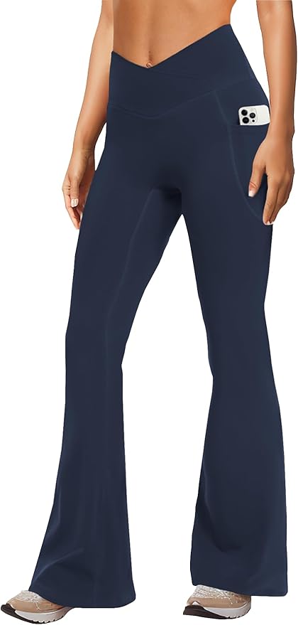 DLOODA Women's Yoga Pants with Pockets No Front Seam Crossover High Waisted Flare Leggings Tummy Control Bootcut Pants