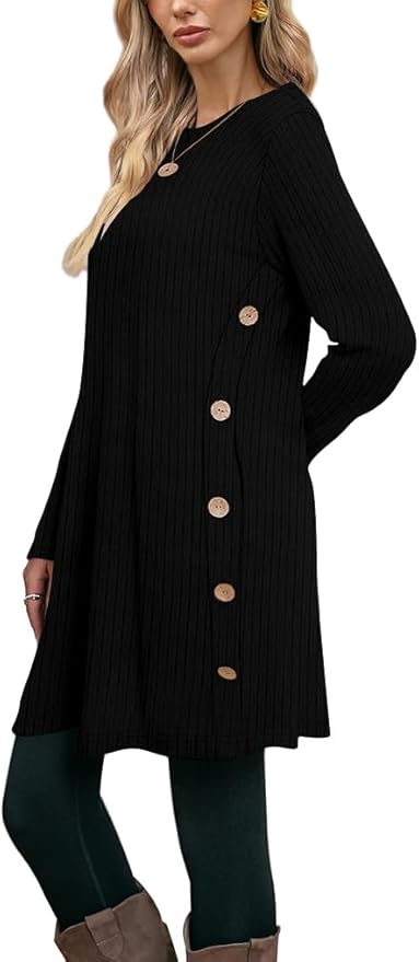 Poetsky Women Long Sleeve Tunic Tops to Wear with Leggings Side Buttons Long Shirts Rib Sweater Dress with Pockets S-3XL