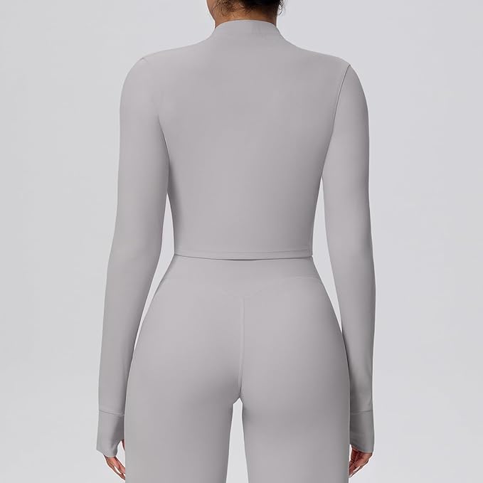 Yknktstc Womens Full Zip Athletic Jacket with Thumbhole Long Sleeve Crop Top Running Workout Yoga Sportswear Shirt