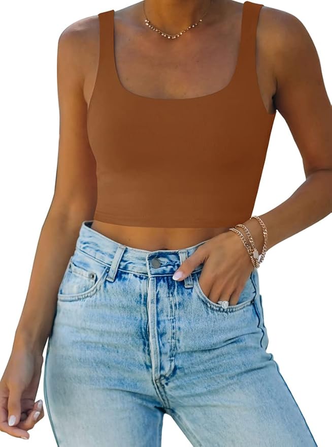 REORIA Women’s Sexy Square Neck Double Lined Seamless Sleeveless Cropped Tank Yoga Crop Basic Tops