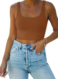 REORIA Women’s Sexy Square Neck Double Lined Seamless Sleeveless Cropped Tank Yoga Crop Basic Tops