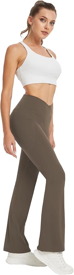 DLOODA Women's Yoga Pants with Pockets No Front Seam Crossover High Waisted Flare Leggings Tummy Control Bootcut Pants