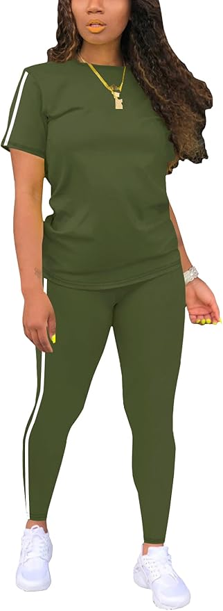 Women's 2 Piece Outfits Sweatsuit Summer Workout Striped Short Sleeve Long Sweatpants Casual Jogging Lounge Set