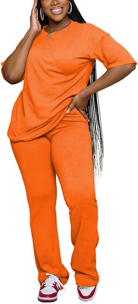 PINSV Women 2 Piece Outfits Short Sleeve Top and Flare Pants Lounge Sets Tracksuit