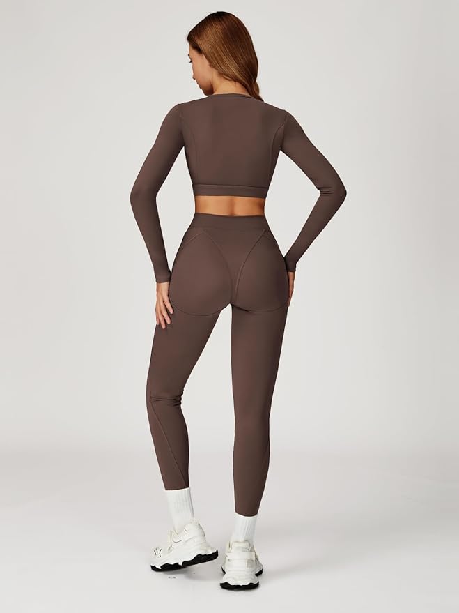 Women’s 2 Piece Workout Set Long Sleeve Crop Top & High Waist Leggings | Stretch Activewear for Gym & Yoga