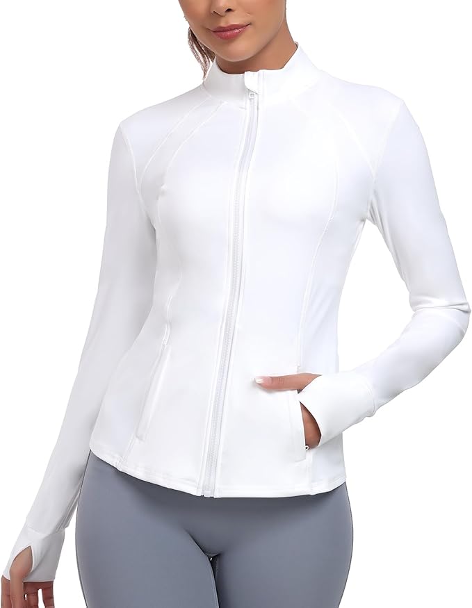 Women's Athletic Full Zip Lightweight Workout Jacket With Pockets Running Yoga Sportwear With Thumb Holes