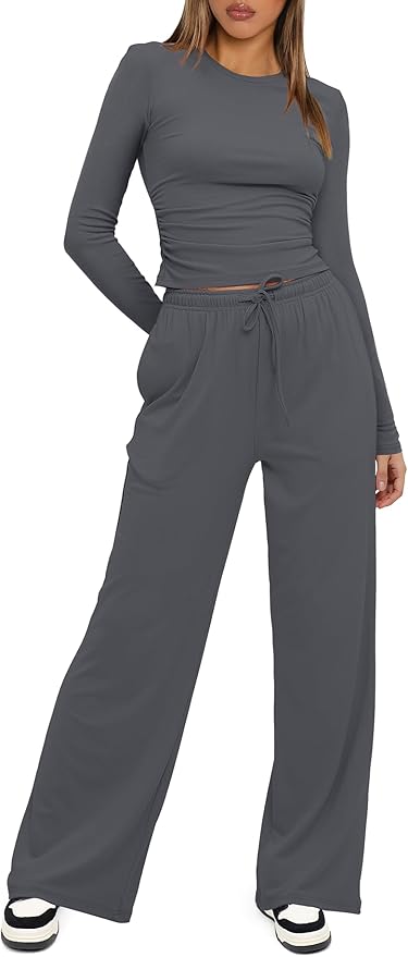 Darong Women's 2 Piece Outfits Lounge Sets 2026 Long Sleeve Tops Wide Leg Pants Casual Matching Set