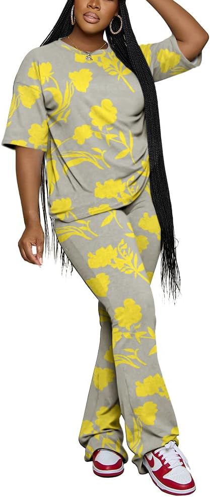 PINSV Women 2 Piece Outfits Short Sleeve Top and Flare Pants Lounge Sets Tracksuit