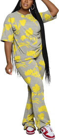PINSV Women 2 Piece Outfits Short Sleeve Top and Flare Pants Lounge Sets Tracksuit