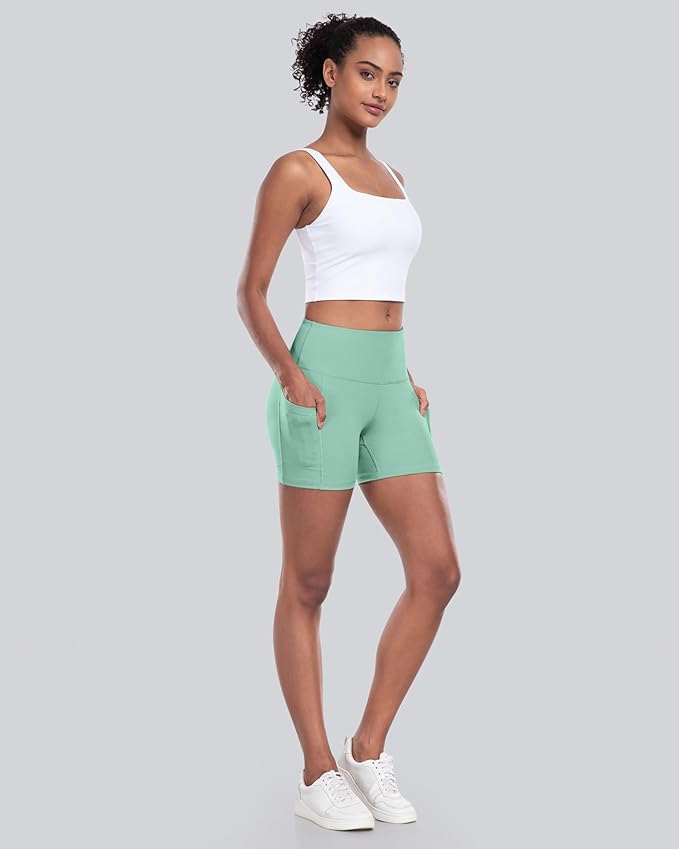 CHRLEISURE Womens Biker Yoga Shorts with Pocket, High Waisted Tummy Control 5 Inch Workout Spandex Athletic Gym Shorts
