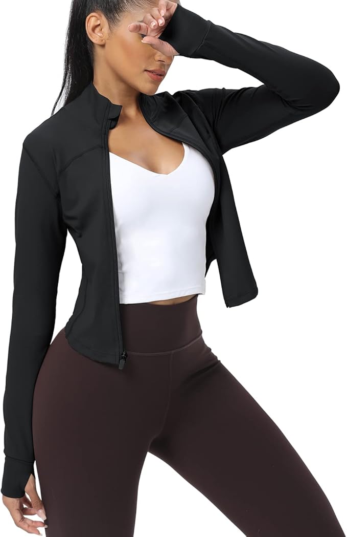 AVGO Women's Cropped Running Workout Jackets Zip Slim Fit Athletic Tops with Thumb Holes
