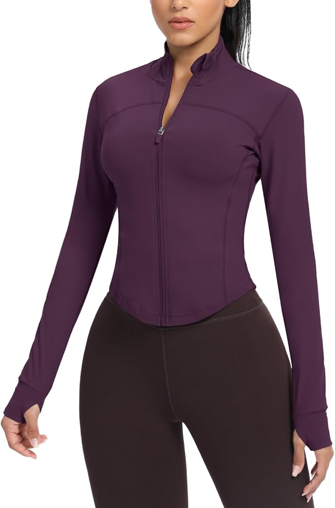 AVGO Women's Cropped Running Workout Jackets Zip Slim Fit Athletic Tops with Thumb Holes