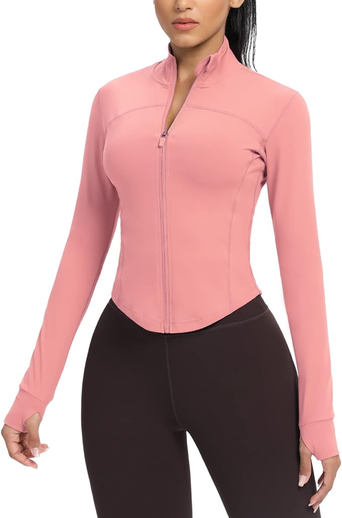 AVGO Women's Cropped Running Workout Jackets Zip Slim Fit Athletic Tops with Thumb Holes