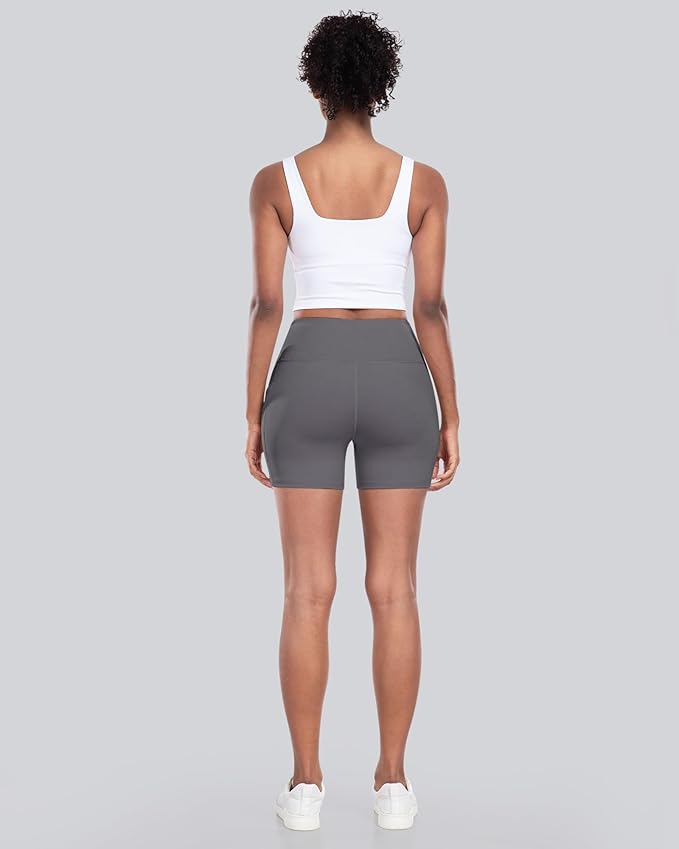 CHRLEISURE Womens Biker Yoga Shorts with Pocket, High Waisted Tummy Control 5 Inch Workout Spandex Athletic Gym Shorts