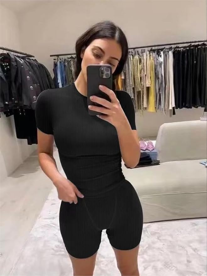 AYWA Two Piece Outfits for Women Fitted Crew Neck T-shirt High Waist Leggings Biker Shorts Matching Sets Streetwear
