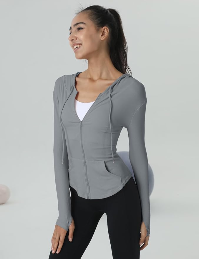 Locachy Womens Slim Fit Full Zip Hoodie Athletic Jacket Yoga Workout Running Jackets with Thumb Holes