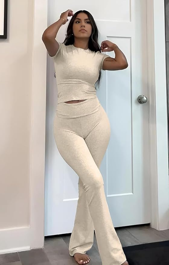 ZFLM Casual Workout Two Piece Outfits for Women Short Sleeve Crop High Waist Foldover Flare Pants Tracksuit Sets Streetwear