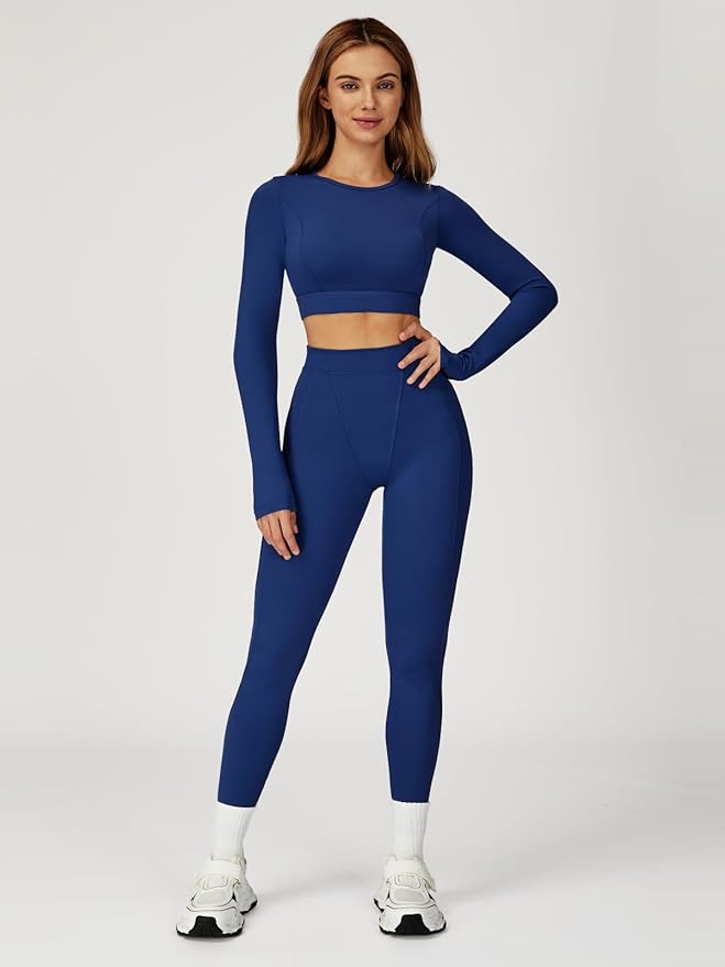 Women’s 2 Piece Workout Set Long Sleeve Crop Top & High Waist Leggings | Stretch Activewear for Gym & Yoga