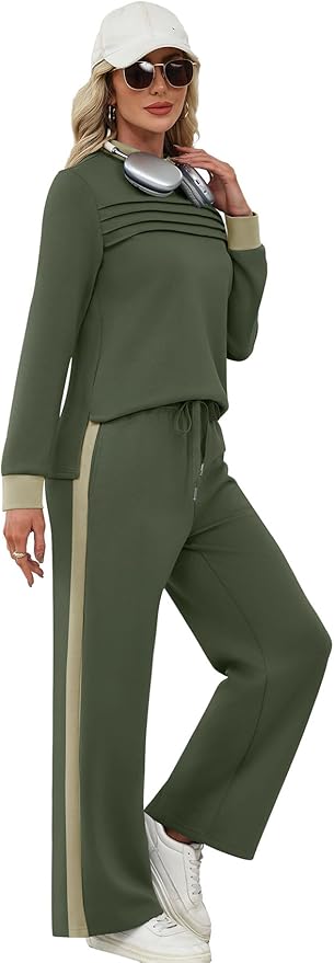 WIHOLL Two Piece Sets for Women Spring Travel Vacation Outfits 2026 Long Sleeve Lounge Sets Side Slit Wide Leg Pants S-3XL